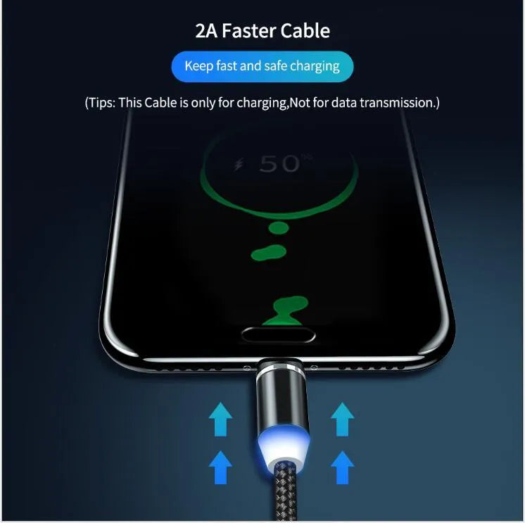 YBD black magnetic USB charging cable with LED light, shown with Lightning, Micro-USB, and Type-C connectors.