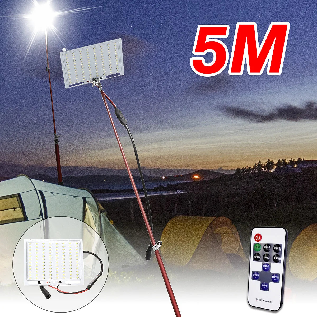 White LED fishing rod light unit with remote control next to extended telescopic pole