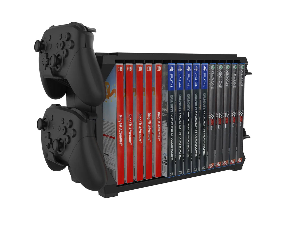 Black ABS plastic PS5 disc holder stand with slots for game cartridges and four controllers