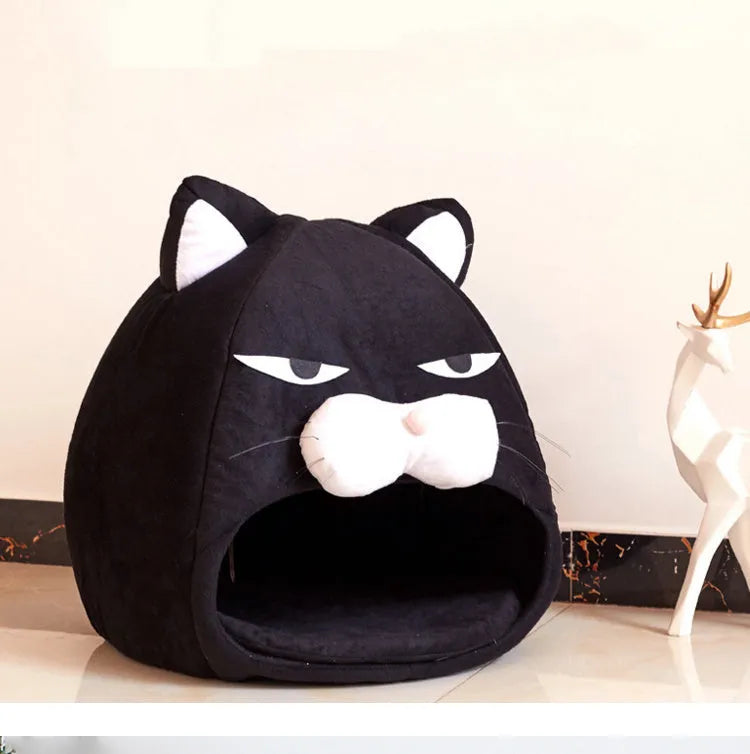 Black plush cat house bed with waterproof nylon base, removable washable cover, cube shape, 48cm and 38cm sizes