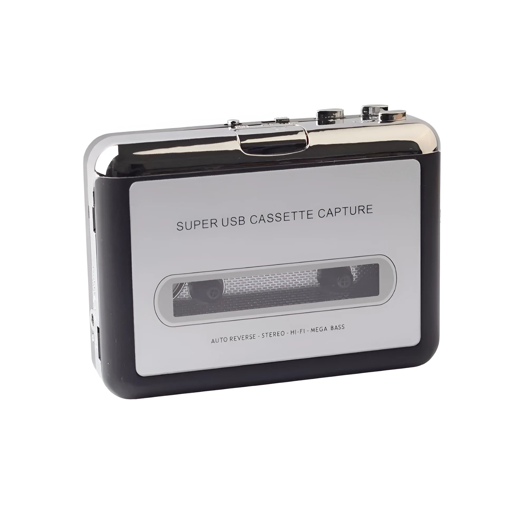 Cassette to MP3 converter unit with USB cable on a desk next to a cassette tape.