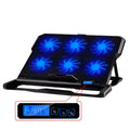 Laptop cooling board with metal mesh surface and LCD display showing fan speed settings