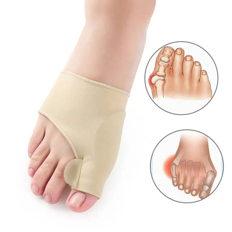 Corrective bunion relief sock with gel pad and silicone toe separator on a foot.