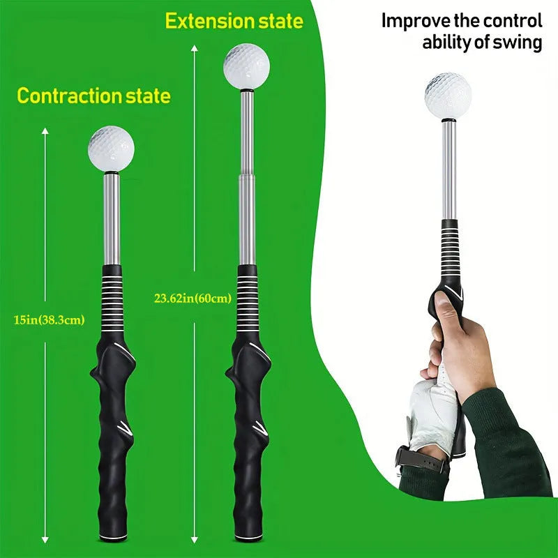 Telescopic golf swing simulator trainer in stainless steel showing black, blue, and red colour options