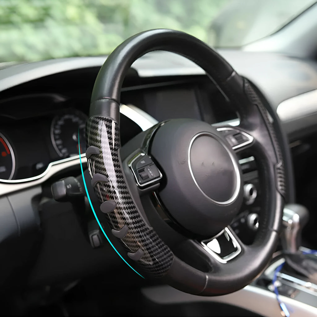 Carbon fibre black steering wheel anti-skid sleeve showing universal 38cm diameter fitment