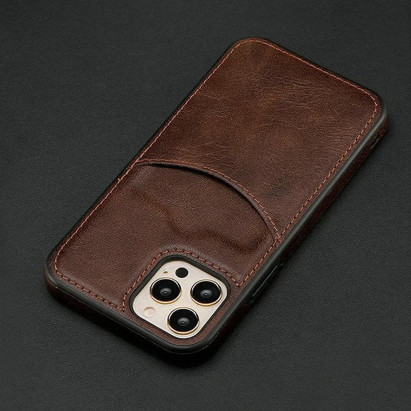 Dark blue PU leather protective case for iPhone, shown from the back.
