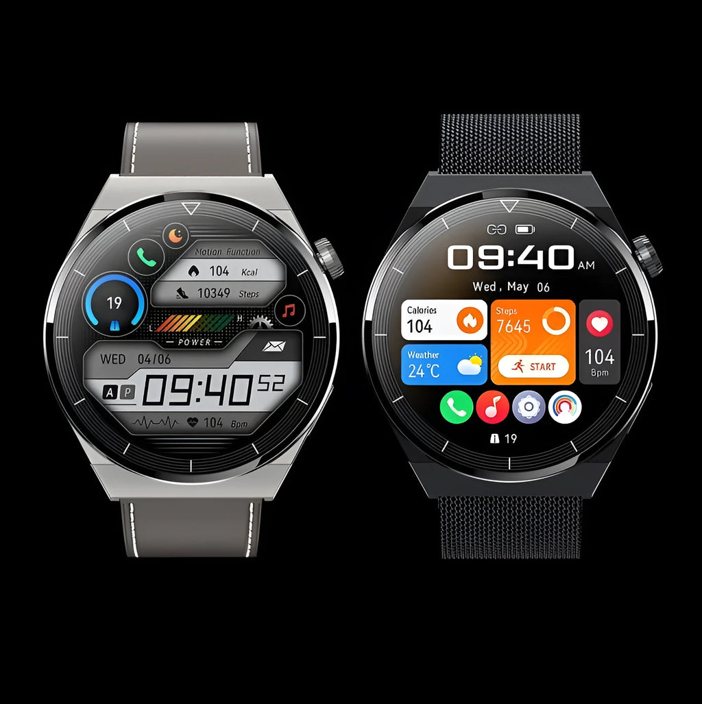 Black Android smart watch with round dial and silicone strap on wrist, showing home screen.
