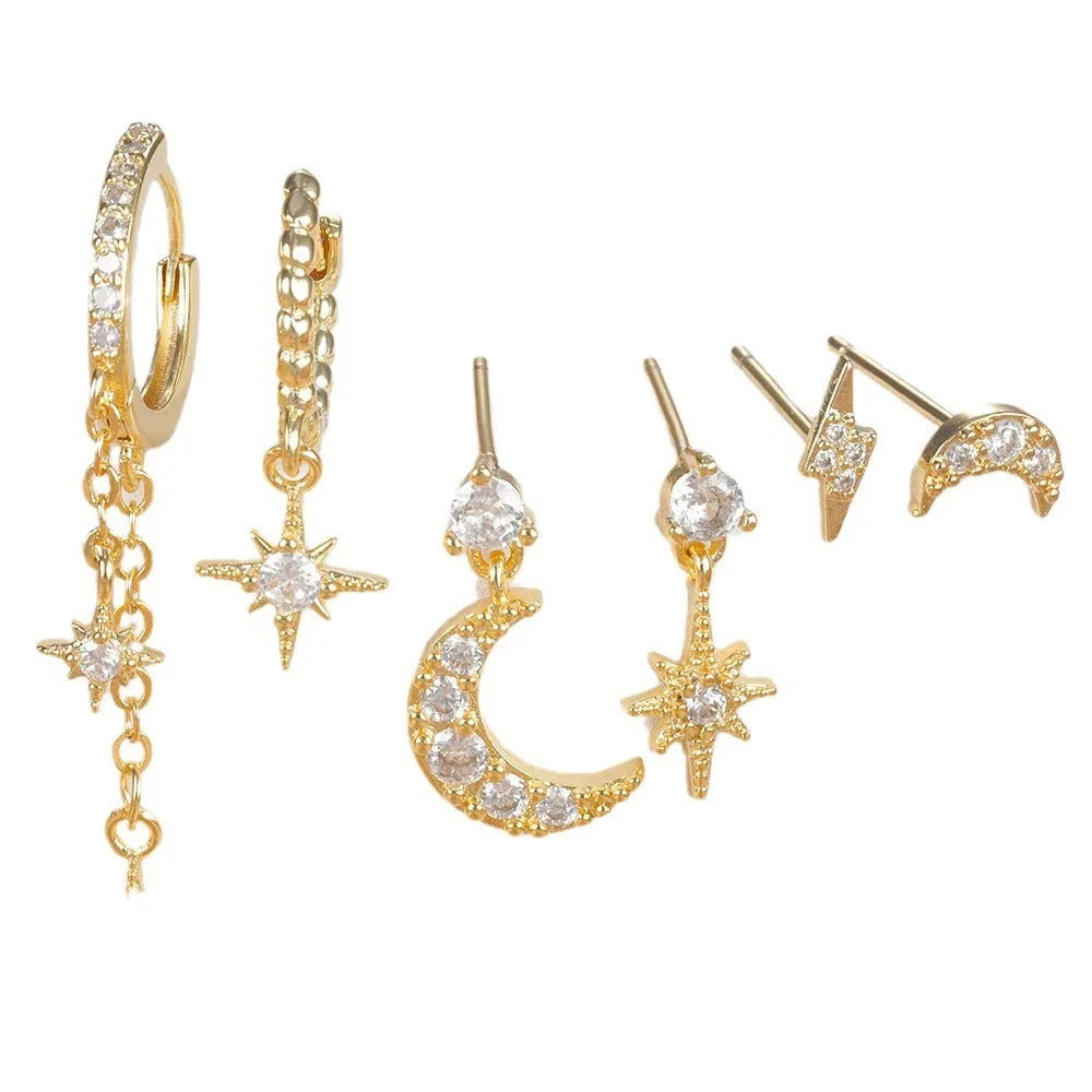 Gold chain tassel earrings with zircon stud details, six-piece set for women