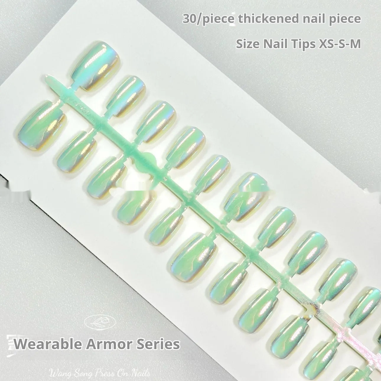 Set of electroplated Cat's Eye false nails in short ladder shape showing Aurora armour and solid colour finishes.