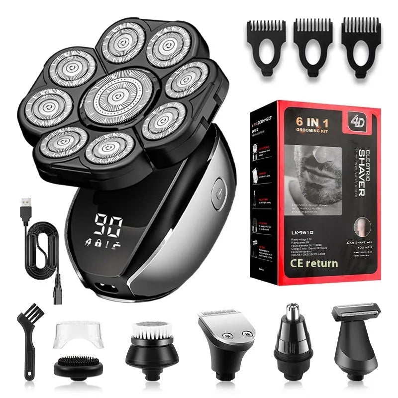 Black rechargeable hair clippers kit with multiple attachments including shaver, nose trimmer, and cleansing brush on a table.