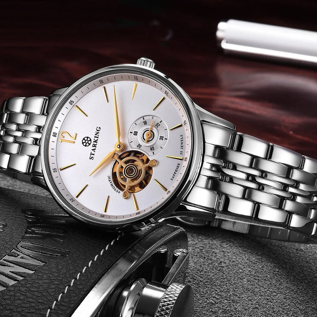 Automatic mechanical men's business watch with hollow dial and brown leather strap