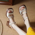Women's open toe square toe retro platform sandals in beige and brown on a white background