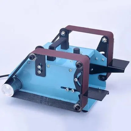 Blue desktop dual-axis belt sander with variable speed control for knife sharpening