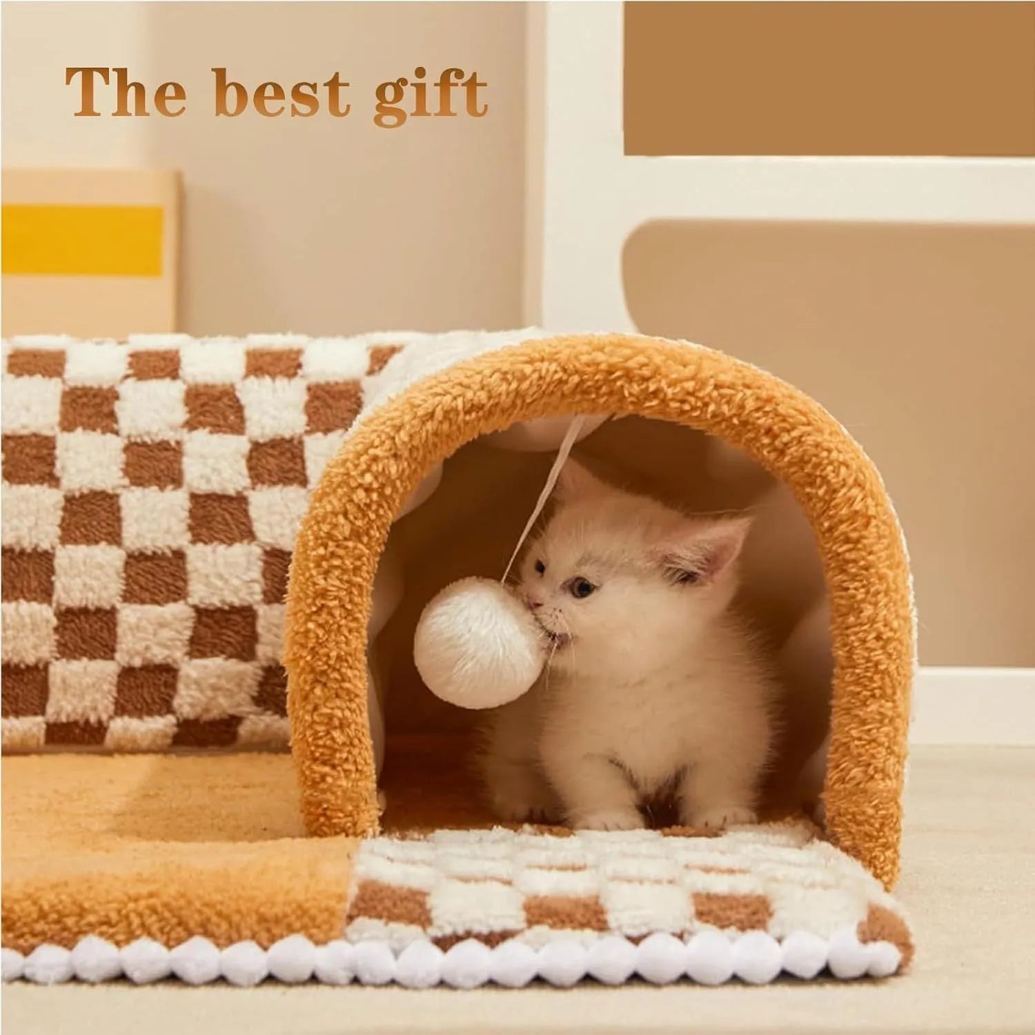 Brown plaid cat tunnel bed with central mat showing non-slip bottom and tunnel opening