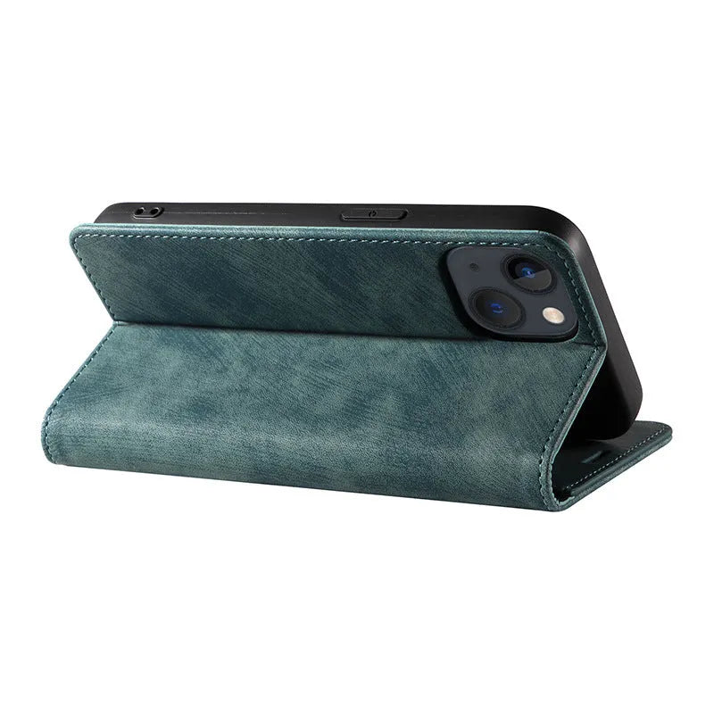 Magnetic flip phone case in solid colour made of TPU and leather for iPhone models