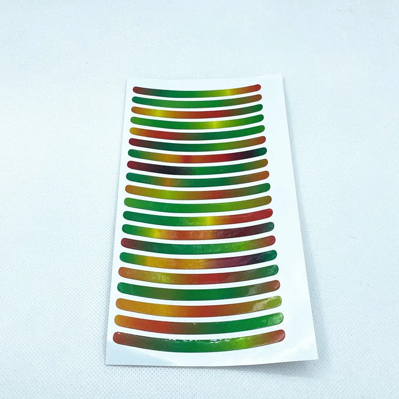 Pack of 20 arc-shaped reflective PVC stickers for car wheel hubs in various fluorescent and metallic colours