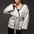 Loose mid-length knitted cardigan in imitation cashmere cotton fabric shown in black colour