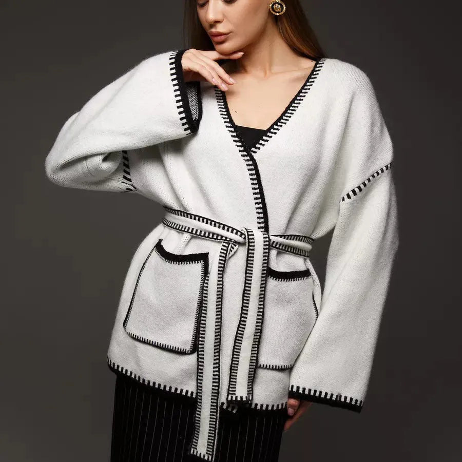 Loose mid-length knitted cardigan in imitation cashmere cotton fabric shown in black colour