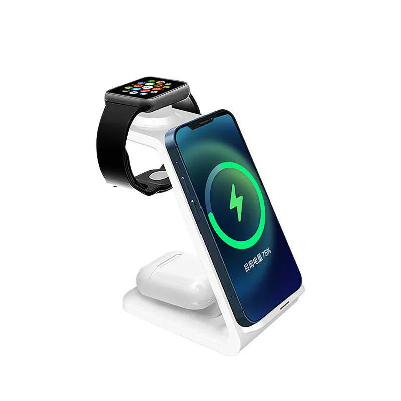 White 3-in-1 upright wireless phone charger with mobile device displayed at viewing angle