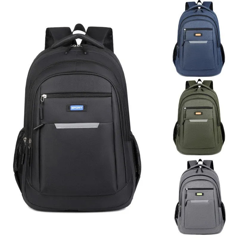 Men's casual oxford cloth backpack shown in available colours: grey, black, green, and blue.