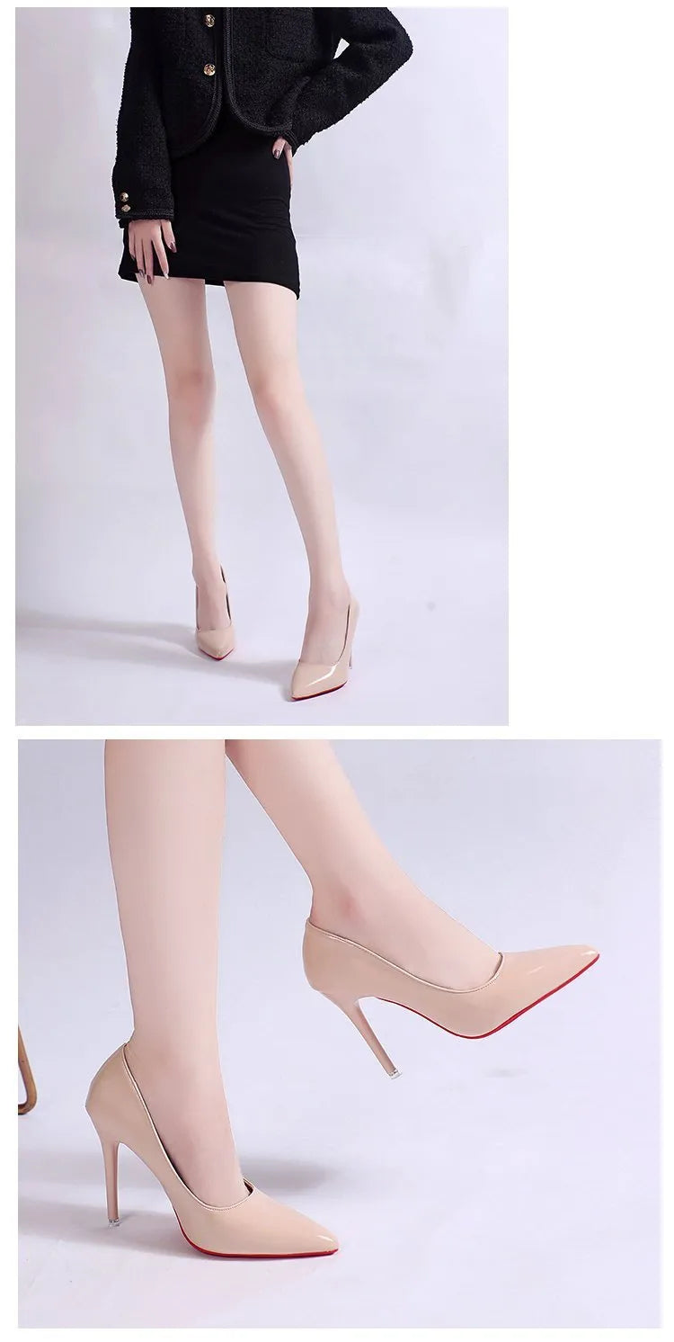 Women's black pointed toe stiletto pump with a shallow mouth design on a rubber sole.