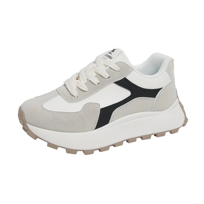 Women's low-top lace-up platform sports shoes in card black, khaki red, or white grey with rubber sole.