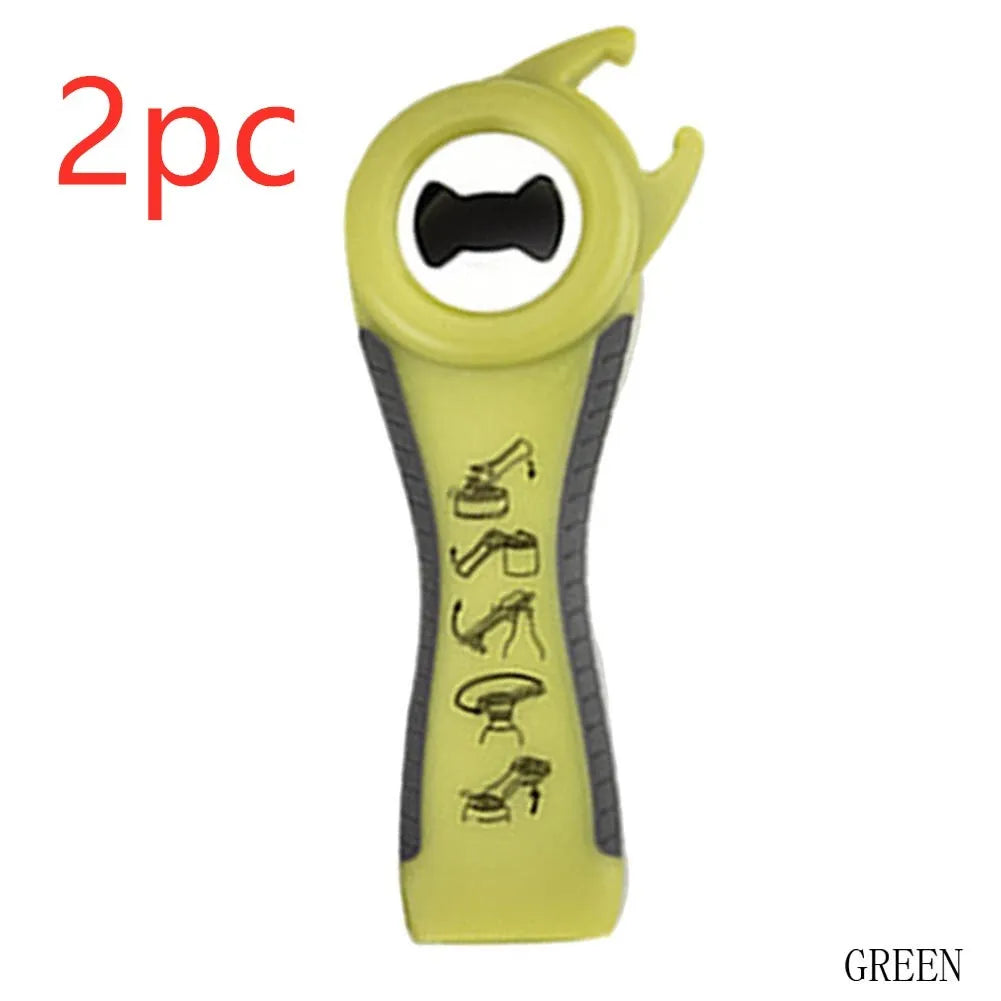 5 in 1 stainless steel can opener and bottle opener, 14.5 cm, with PP handle in black, green, purple, or white