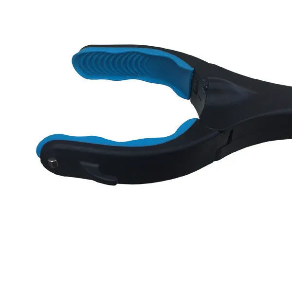 Blue foldable portable pickup tool with telescopic handle extended to 83.5 cm next to folded 13 cm version