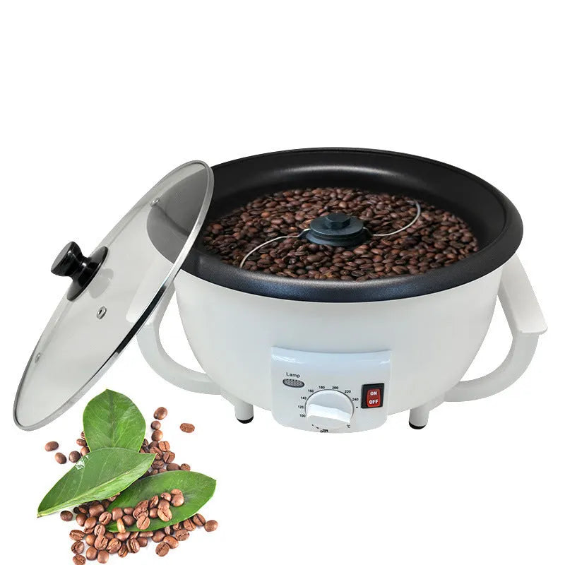 White oblate coffee roasting machine with 750g capacity and 225mm base diameter