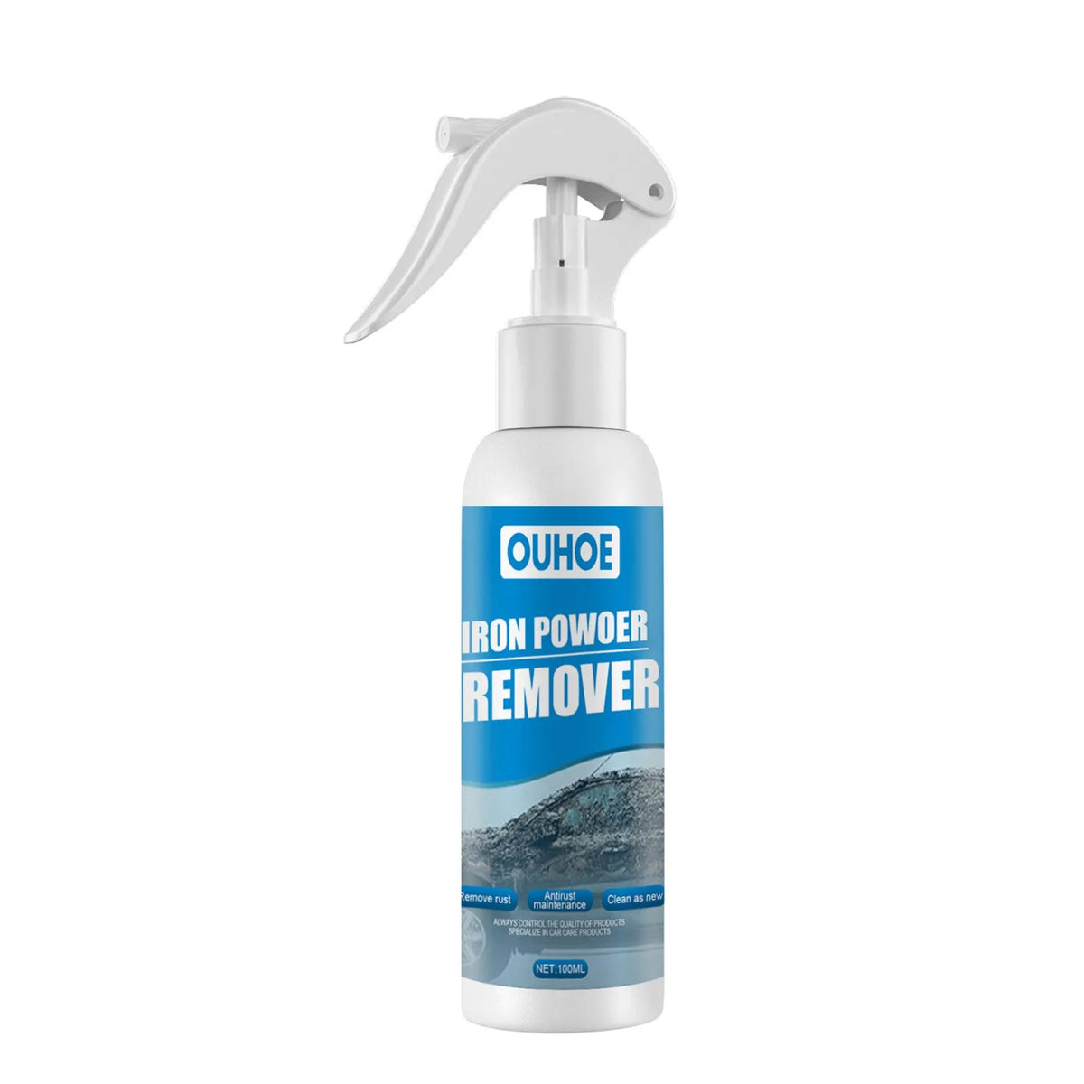 Automotive iron powder rust remover spray bottle with blue square sponge applicator