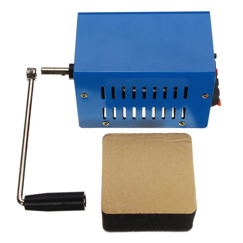 Blue metal hand crank generator with USB ports and adjustable voltage dial for emergency charging