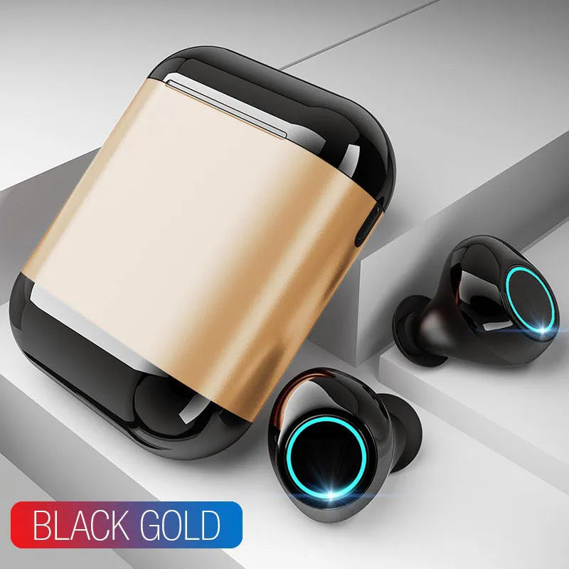 Black TWS Bluetooth wireless earpluds with charging case on a grey background.