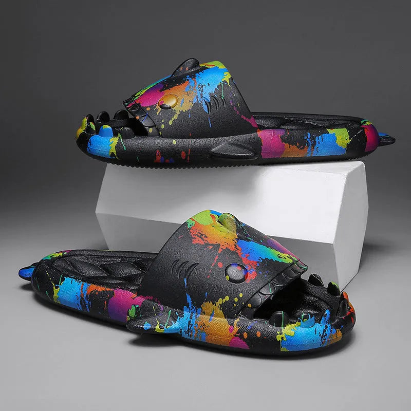 Beige EVA open-toe home slipper with a cute cartoon shark couple design on the footbed.