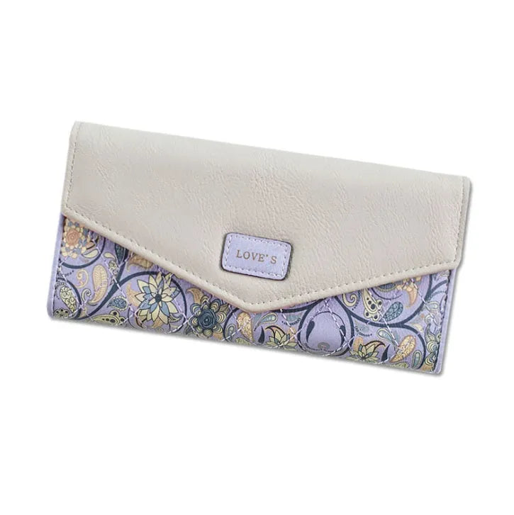 Black three-fold PU leather wallet with a metal buckle closure, shown open to reveal card slots and compartments.