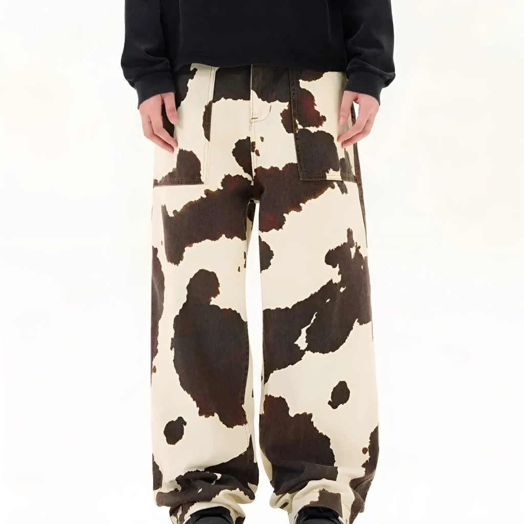 Men's straight-leg trousers with American retro cow pattern in 7698 cow colour showing cardigan button opening