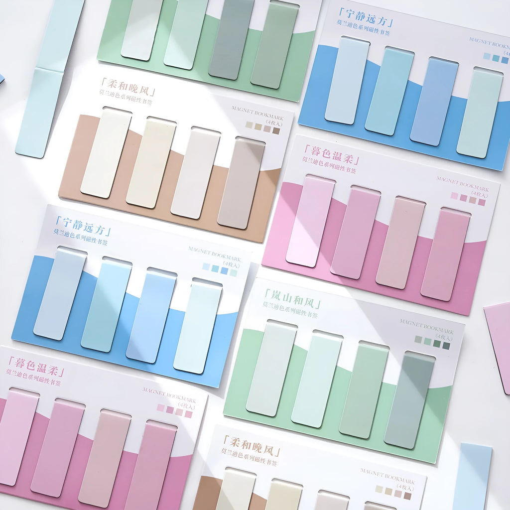 Four Morandi colour block magnetic bookmarks showing different palette combinations