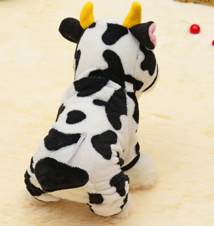 White cow costume hooded pet coat for dogs and cats, sizes XS to XL, with length and bust measurements