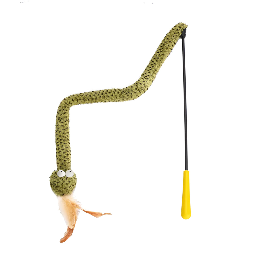 Green 140cm cat teasing stick toy with feather attachments for interactive play