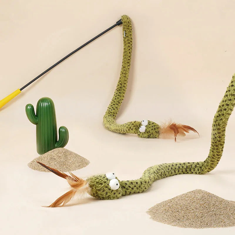 Green 140cm cat teasing stick toy with feather attachments for interactive play