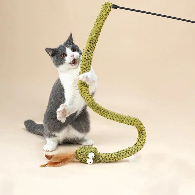 Green 140cm cat teasing stick toy with feather attachments for interactive play