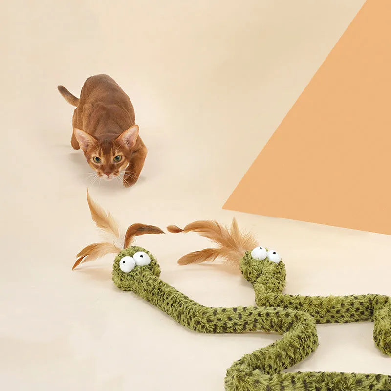 Green 140cm cat teasing stick toy with feather attachments for interactive play
