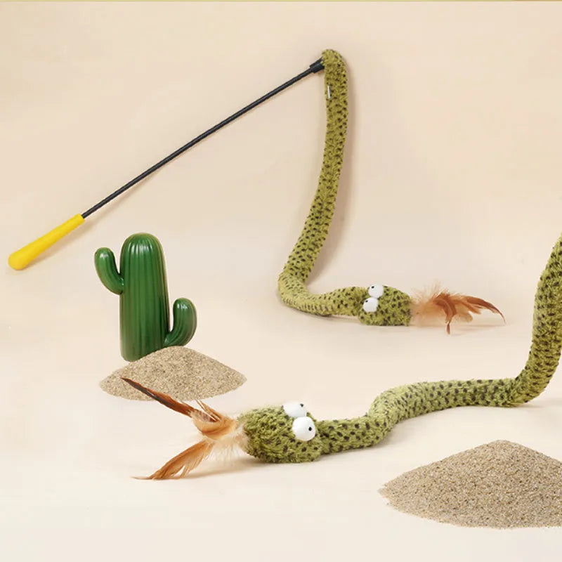Green 140cm cat teasing stick toy with feather attachments for interactive play