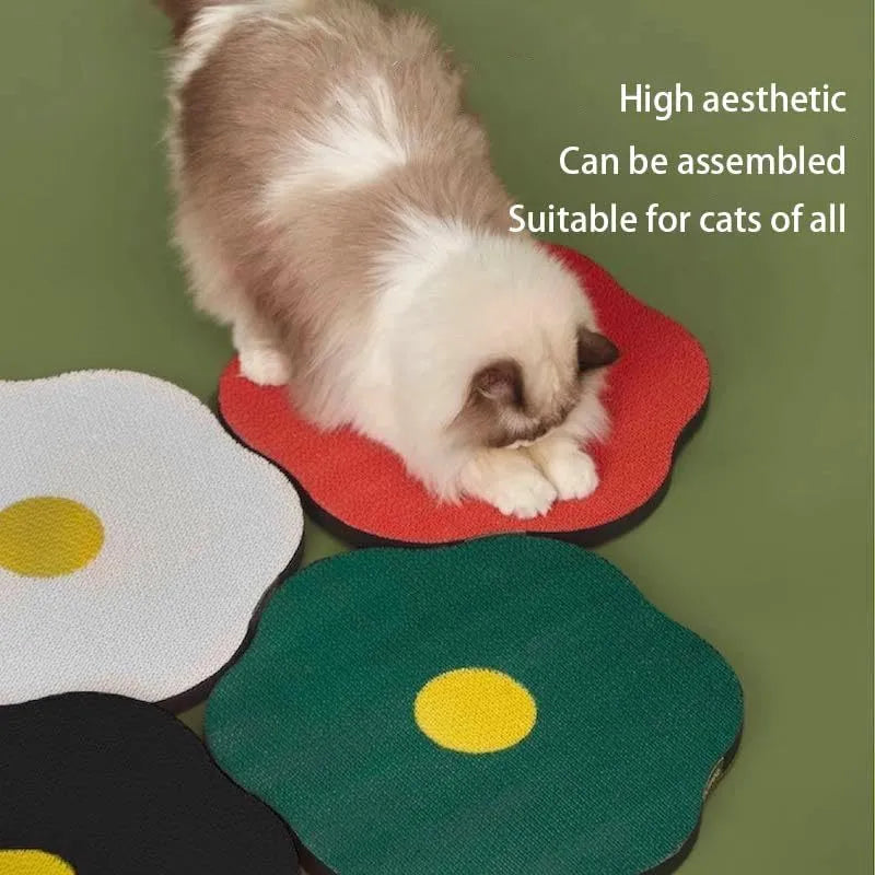 Grey wall-mounted cat scratching board with corrugated surface attached to a smooth door.