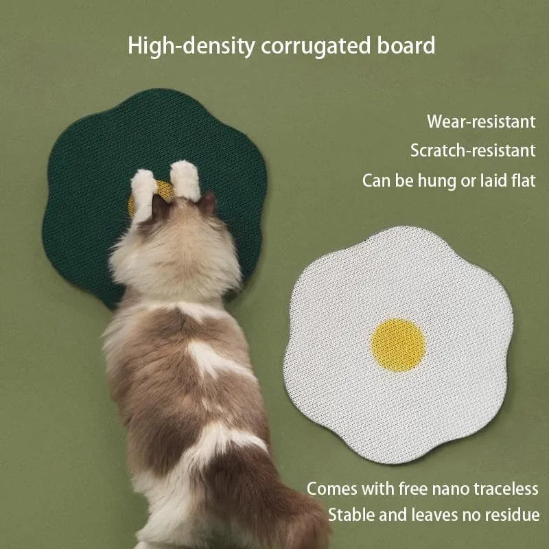 Grey wall-mounted cat scratching board with corrugated surface attached to a smooth door.