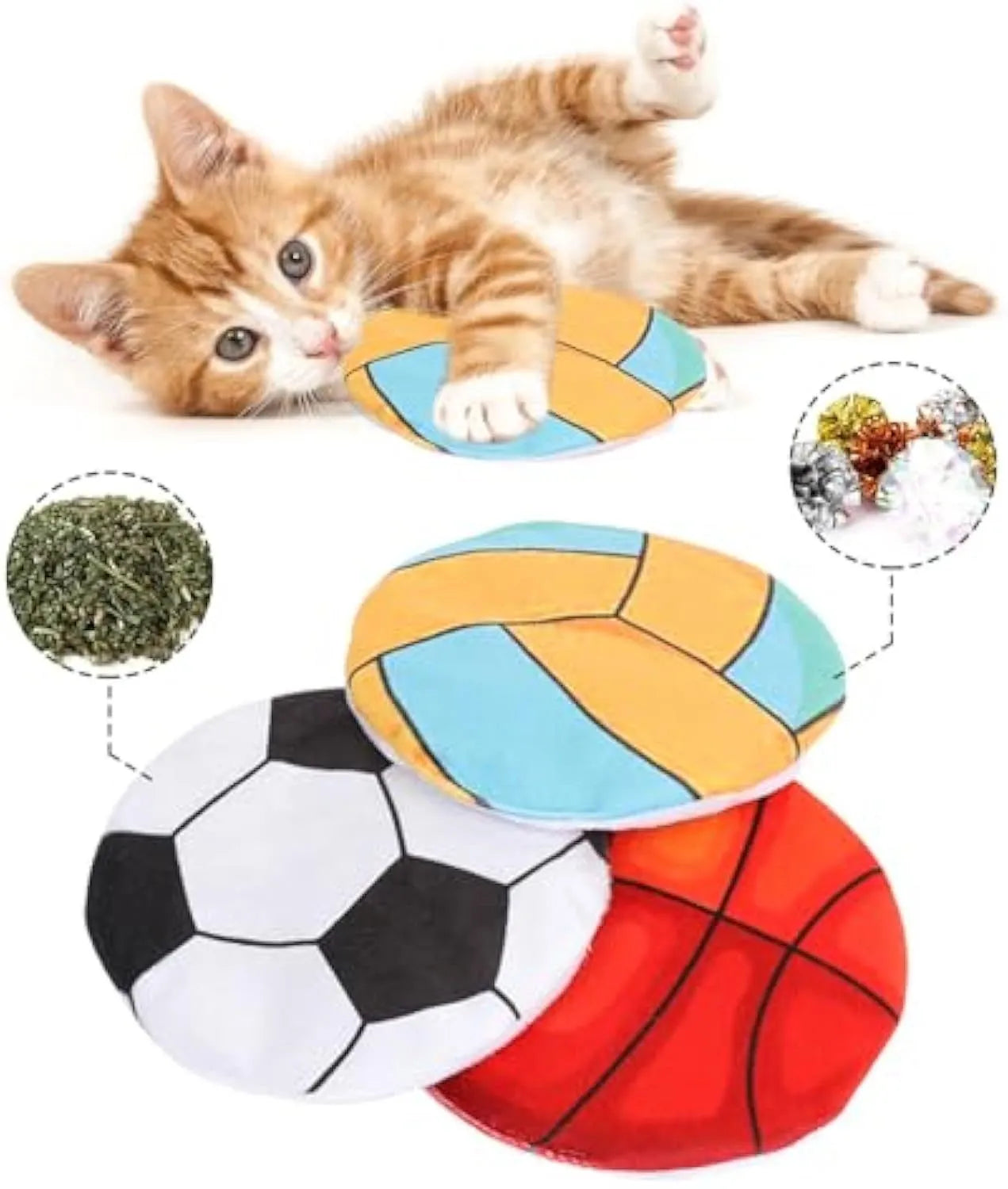 Plush cat toy with sports ball patterns featuring catnip and crinkle sounds for interactive flying disc play