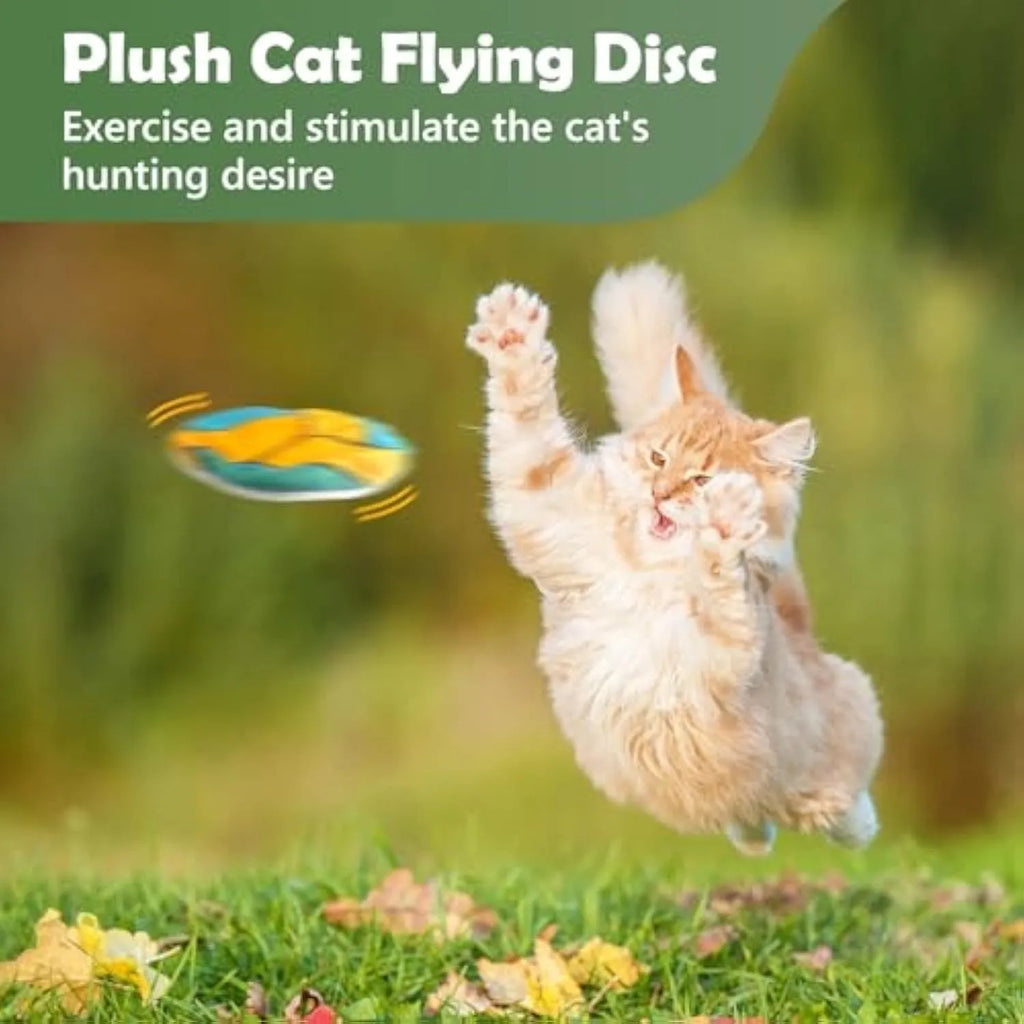 Plush cat toy with sports ball patterns featuring catnip and crinkle sounds for interactive flying disc play