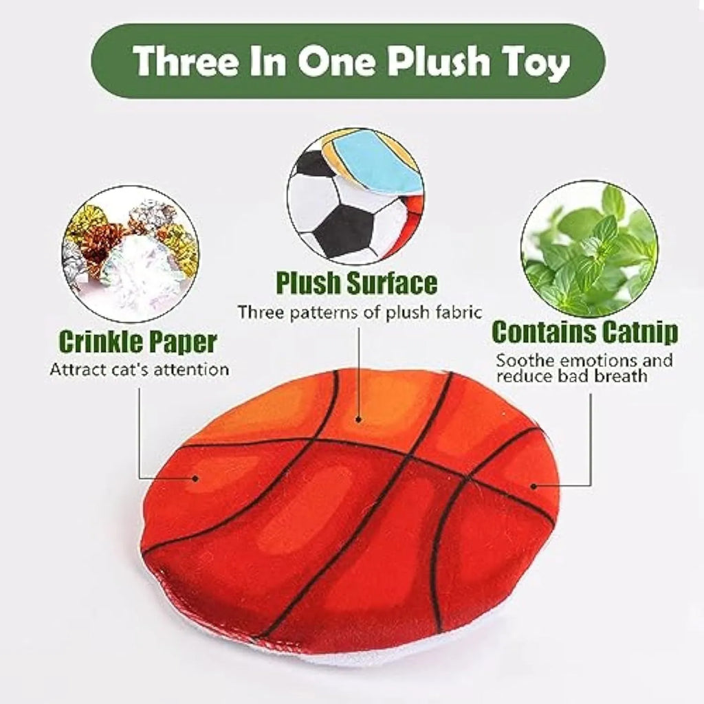 Plush cat toy with sports ball patterns featuring catnip and crinkle sounds for interactive flying disc play