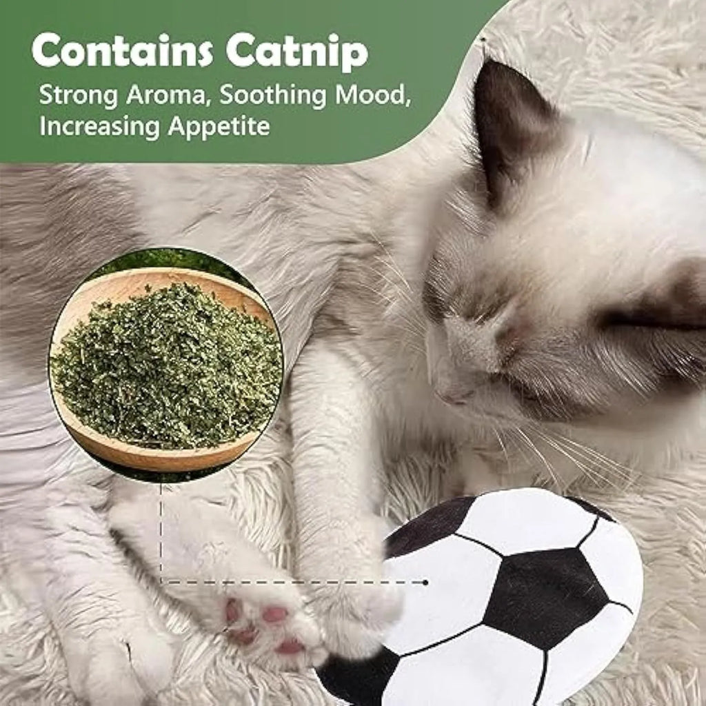 Plush cat toy with sports ball patterns featuring catnip and crinkle sounds for interactive flying disc play
