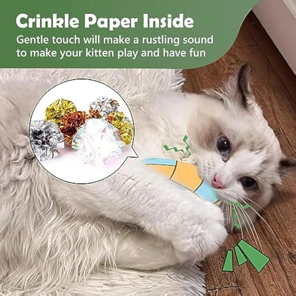 Plush cat toy with sports ball patterns featuring catnip and crinkle sounds for interactive flying disc play
