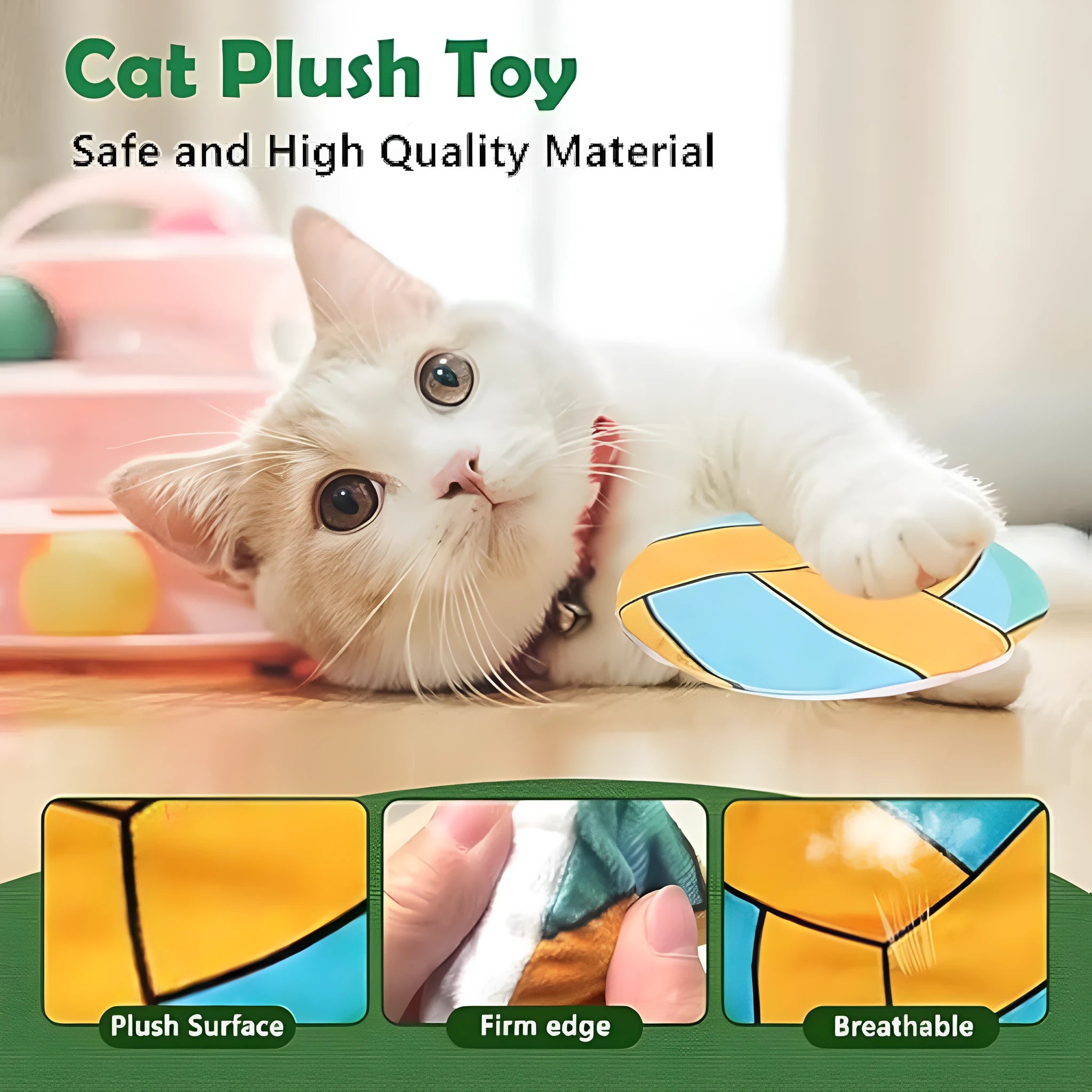 Plush cat toy with sports ball patterns featuring catnip and crinkle sounds for interactive flying disc play